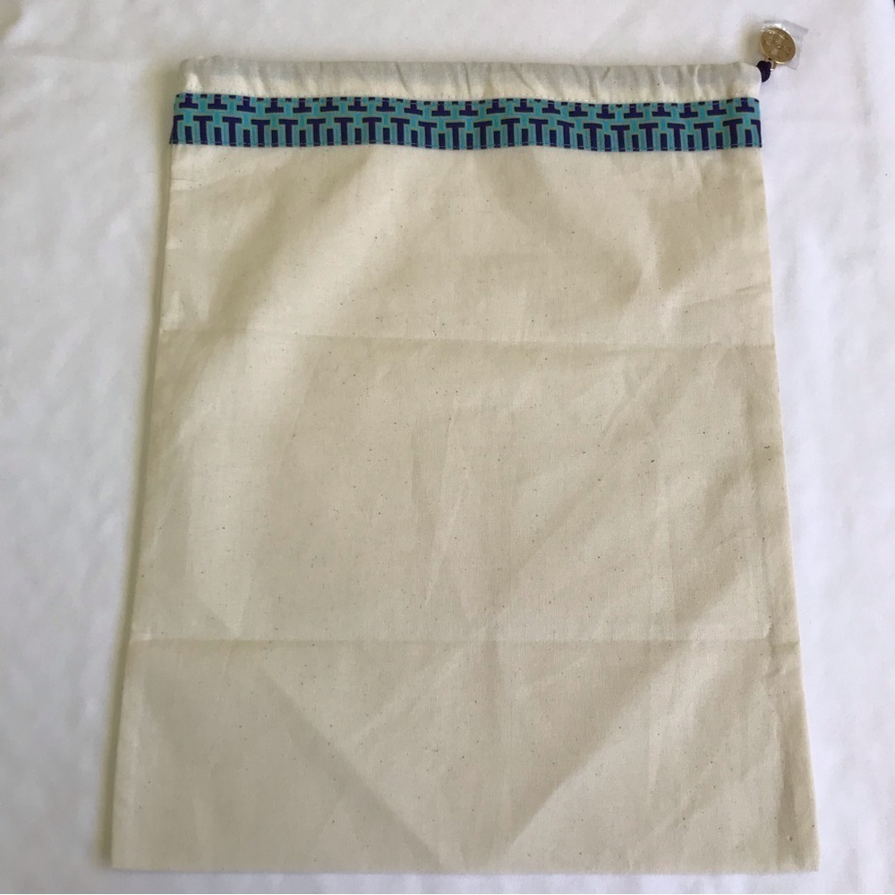 Tory Burch Canvas Drawstring Dust Bag Blue Trim Gold Logo Charm